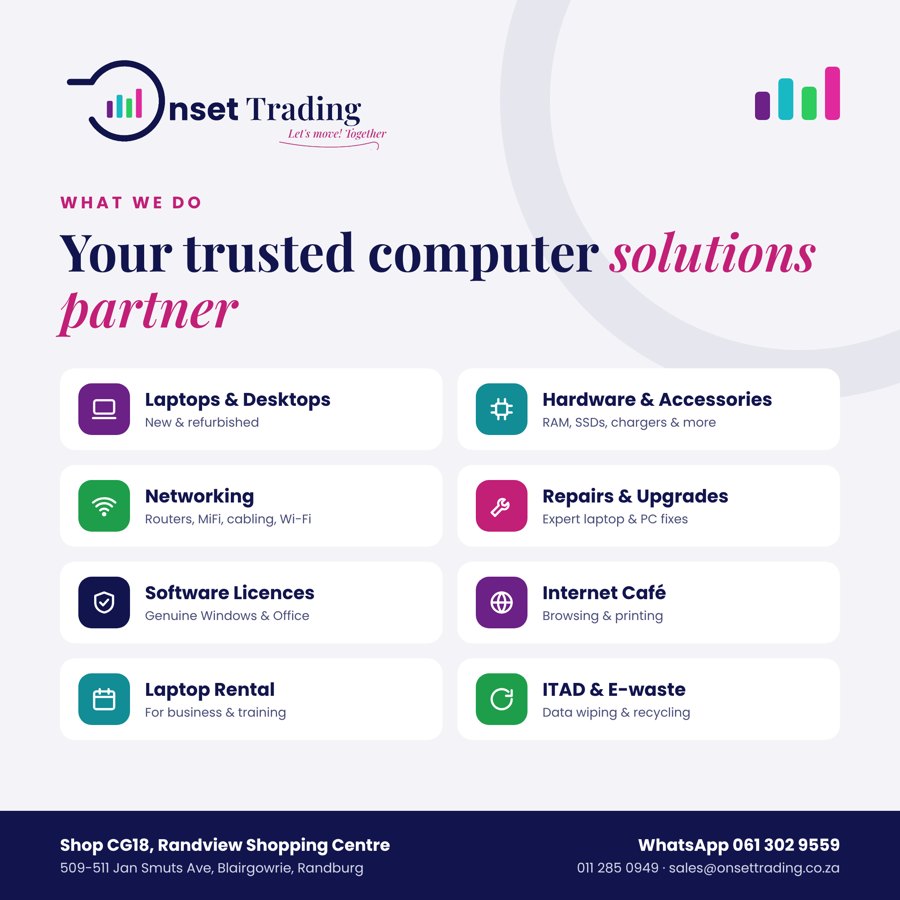 Onset Trading services: laptops & desktops, hardware & accessories, networking, repairs & upgrades, software licences, internet café, laptop rental, ITAD & e-waste.